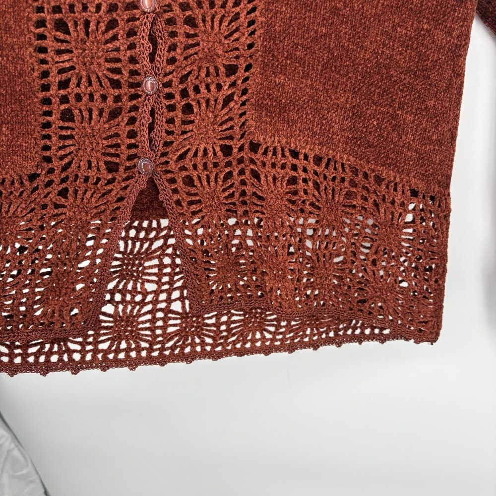 Vtg R&K Originals Red Chenille Cardigan Intricate Crochet Detail Size 8 - Picture 4 of 6